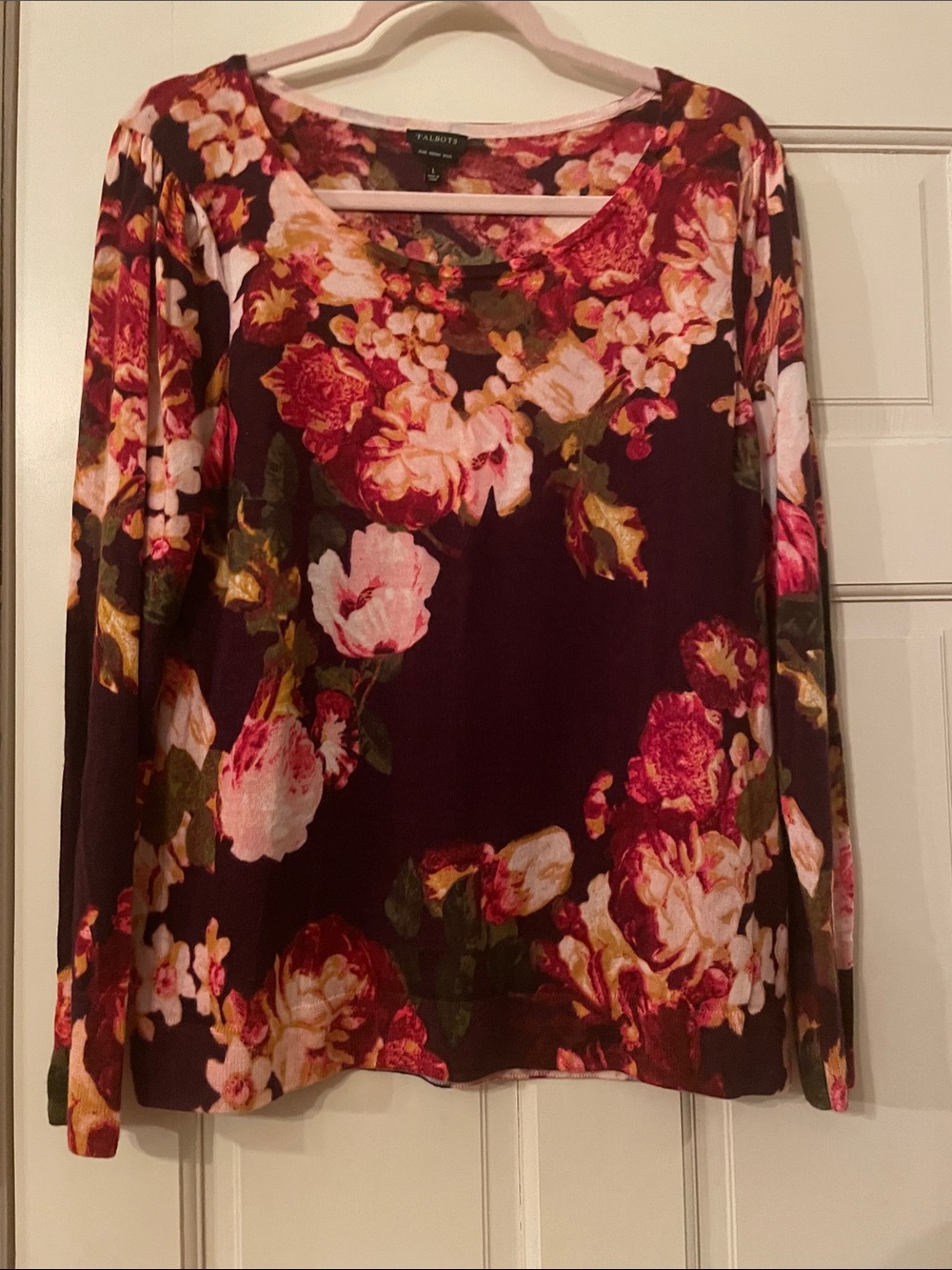 Talbots- Floral Long Sleeve Merino Wool Sweater Burgundy Multi—Size Large